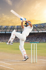 Cricketer batsman hitting a shot - obrazy, fototapety, plakaty