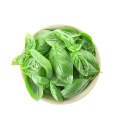 Bowl with fresh basil leaves on white background