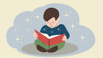 Young boy sitting on a floor reading a book, lost to the world