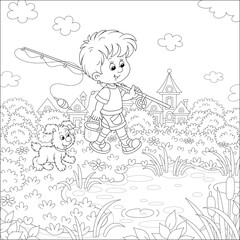 Cheerful little boy fisherman going angling with his fishing rod and a bucket, together with a merry small pup, in countryside on summer vacation, black and white vector cartoon