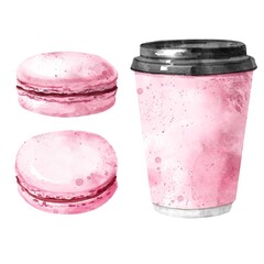 Pink coffee cup take away with macaroons, french dessert. Food illustration on white background.