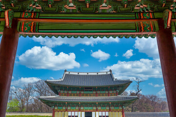 Changdeokgung Palace with cherry blossom in spring beautiful and old architecture in Seoul City,...