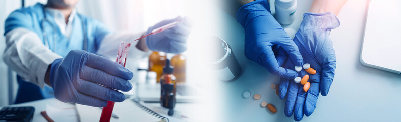 Medicine doctor and vaccine dose flu shot drug syringe in laboratory, microbiology and...