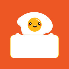 Cute and smiling cartoon style fried egg character holding in hands blank card, banner.
