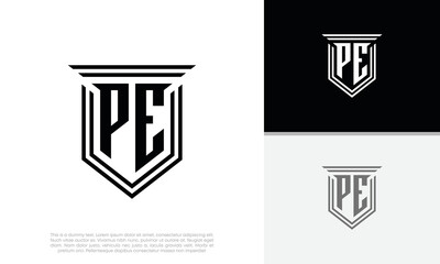 Initials PE logo design. Luxury shield letter logo design.
