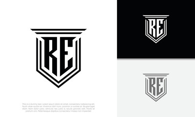 Initials RE logo design. Luxury shield letter logo design.