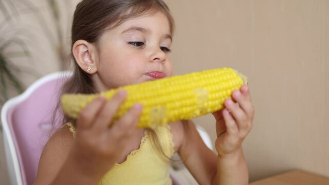 Adorable little girl eating corn at home. Cute kid tree year old eat boild corn