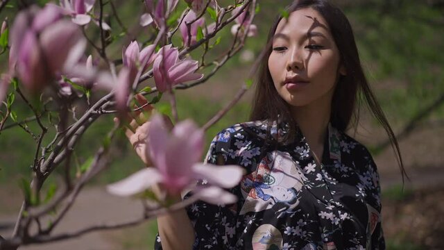 Young Asian woman in kimono walking in slow motion in sakura garden touching pink flowers on tree branch. Portrait of gorgeous charming attractive lady admiring beauty of nature in sunny park outdoors
