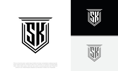 Initials SK logo design. Luxury shield letter logo design.