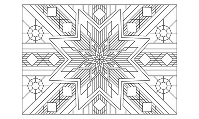 Landscape coloring pages for adults. Coloring-#231 Coloring Page of octagonal mandala with variations in stripes and squares pattern on the background. EPS8 file.