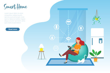 Relaxing woman using digital tablet control smart home devices. Intelligent home technology online connecting home electronics equipment and develop modern lifestyle.