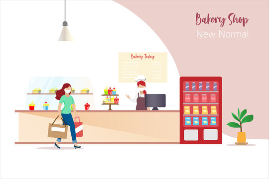Woman wearing face mask buying cupcake  at bakery shop during covid-19 pandemic. 