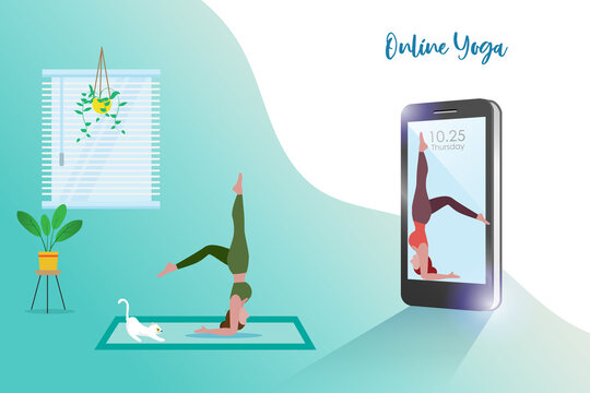 Woman practicing yoga from online yoga course in smart phone screen. Idea for stay home in good health, fitness, e learning, online balancing lifestyle