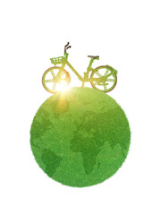 Green bicycle driving on planet isolated on white background. Environment and ecology concept