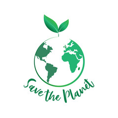 Green globe logo with growing plant and save the planet symbol. Ecology, environment, reforestation, earth day and global warming awareness concept .
