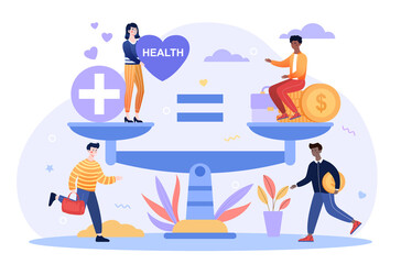 Health care and work conflict of interest, imbalance comparison. Healthy heart and tired exhausted stressed worker with stack of gold coins. Flat vector character illustration