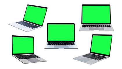 Collection of Laptop with blank green screen isolated on white background with clipping path