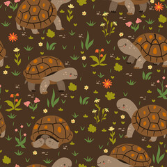 Seamless pattern with cute turtles. Vector graphics.