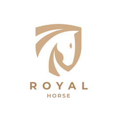 Royal horse logo emblem. Elegant stallion shield icon. Equine stables sign. Equestrian horse show symbol. Vector illustration.