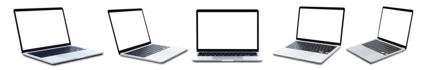 Collection of Laptop computer or notebook with blank screen isolated on white background