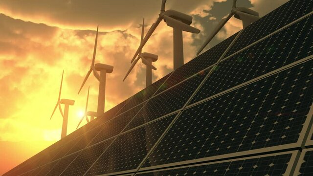 solar cell plant and wind generators connected to smart grid.Energy supply;energy transmission;eolic turbine;distribution of energy;Powerplant;high voltage supply.timelapse sunset cloud.