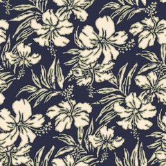 Vintage Hawaiian hibiscus flowers grunge vector seamless patte © PrintingSociety