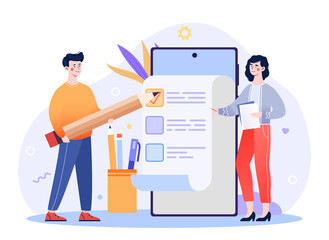 Business Team fill out checklist in mobile application. To do list, teamwork, successful work planning, mission completed concept for landing page, ui. Isometric flat cartoon vector illustration