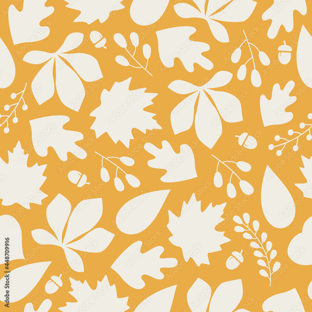 Poster autumn seamless pattern with colorful silhouette acorns, leaves and berries on orange background. mo