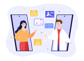 Online doctor, telemedicine concept, woman connecting with doctor online, using smartphone app and having a professional medical consultation. Flat cartoon vector illustration
