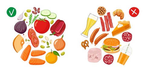 Healthy food and Junk food. Benefits of proper nutrition. Diet Choice. Choose foods that are body useful. Healthy food vector flat on white background. Healthy nutrition. Fastfood vs balanced menu
