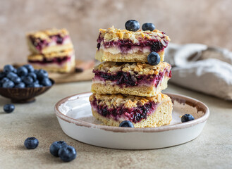Crumble cheesecake bars with blueberry filling and fresh blueberries, concrete background. Bar slices with cheesecake, blueberry and streusel.