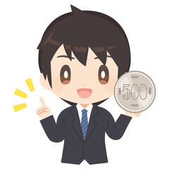 大きな500円玉を持ったビジネスパーソンのイラスト