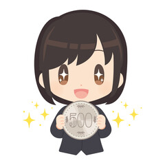 大きな500円玉を持ったビジネスパーソンのイラスト