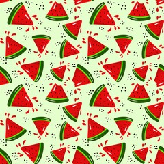 Bright stylish seamless pattern with watermelon slices on a colored background.  . The illustration is drawn with live lines by hand in the doodle style. Design for clothing fabric and other items.