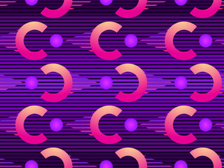 Geometric seamless pattern in 80s style with memphis shapes. Colorful gradient. Synthwave and retrowave style. Design for advertising brochures, banner and print. Vector illustration