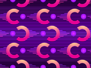 Geometric seamless pattern in 80s style with memphis shapes. Colorful gradient. Synthwave and retrowave style. Design for advertising brochures, banner and print. Vector illustration