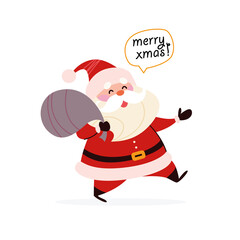 Funny cute Santa Claus character carry bag full of gift boxes isolated. Vector flat cartoon illustration. For Christmas cards, banners, stickers, tags, patterns, package etc.