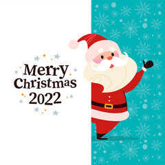 Christmas banner with cute happy winter Santa Claus character and text Merry Christmas greeting on blue snowy background. Vector flat illustration. For cards, packaging, web, invitation.