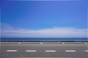 青い海と道路、福島県相馬市松川浦/The coastal road in Tohoku, Japan - obrazy, fototapety, plakaty