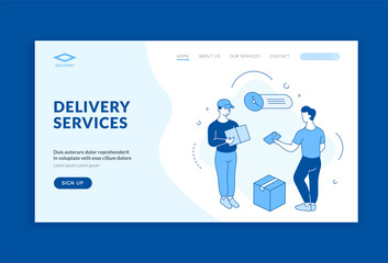 Fototapeta na wymiar Modern delivery services. Fast logistics services with contactless payment. Online applications with express delivery of food and goods with buyer protection. Home page linear vector flat