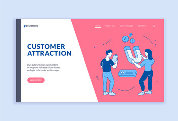 Attracting new online customers. Campaign marketing with web strategy of user consultation. Digital successful advertising on websites with active sales. Vector linear flat landing page