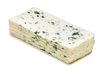 Slices of dorblu cheese isolated on white
