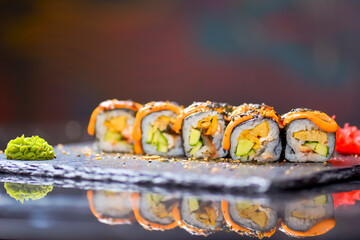 Maki Futomaki Sushi Rolls with eel, egg, unagi sauce. Sushi menu. Japanese food.