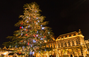 長崎ハウステンボスのライトアップされたクリスマスツリーと建物がある夜景風景