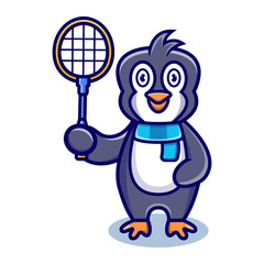 cute penguin cartoon animal holding a badminton racket