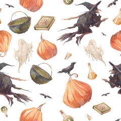 Halloween seamless pattern. Watercolor repeating texture with ghost, pumpkins, broom, bottles, bat, poison. Witch wallpaper design