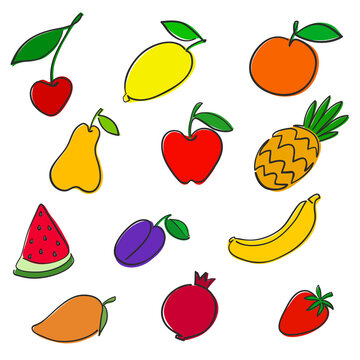 Set of fruits hand drawn one line minimal flat for food design on white