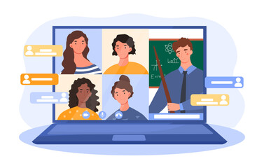 Male and female students are attending online class. Concept of studying remotely from home via video call application during Coronavirus COVID-19 pandemic outbreak. Flat cartoon vector illustration