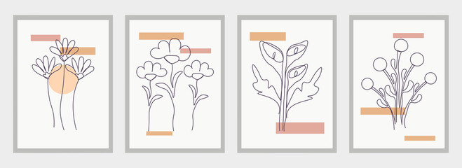 Set of floral wall art posters on white background. Earth tone boho foliage flower line art drawing. Abstract plant art design. Minimal and natural wall art. Flat cartoon vector illustration