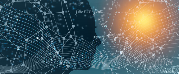 Silhouette of female head on connected lines with dots background.